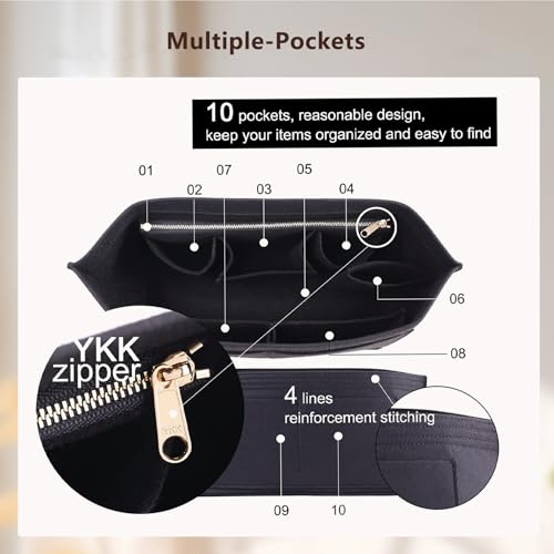 Purse Organizer Insert, Tote Bag Organizer Insert with Base Shaper,Felt Zipper Handbag Inner Dividers Compatible with Neverfull MM Speedy 30 and More,Black/L - color: Black, size: L